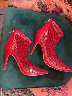 Charles By Charles David Red Mesh Pointed Stiletto Ankle Boots